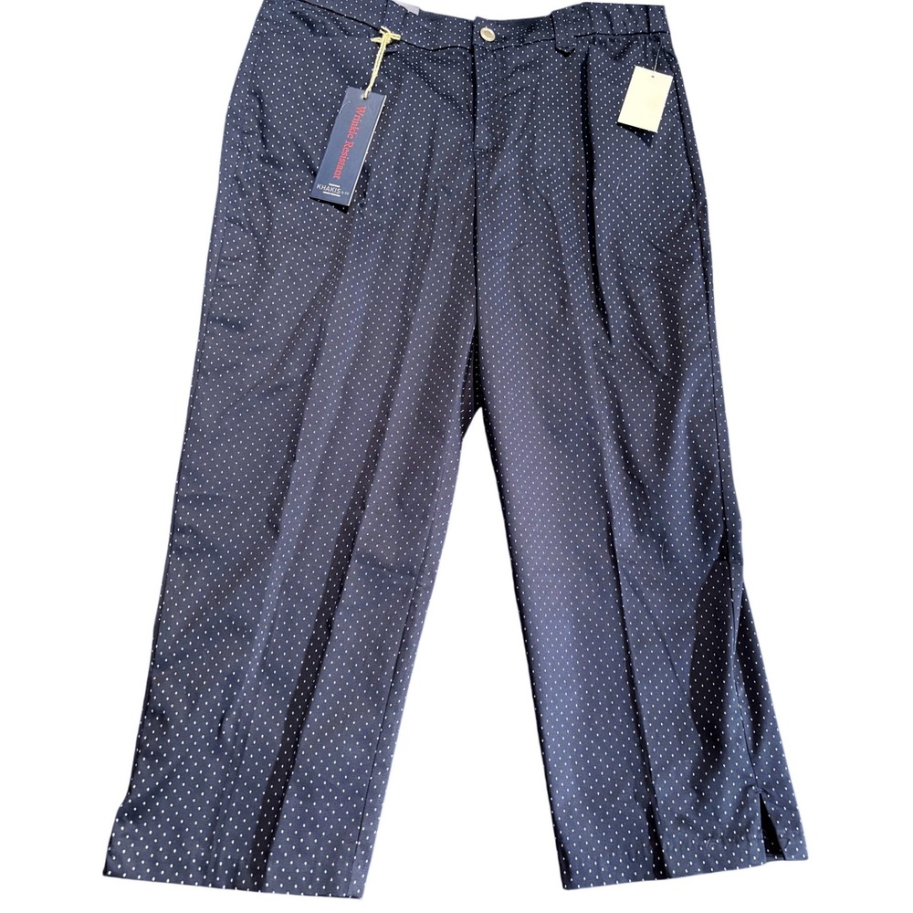 Khakis & Co Navy Blue Polka Dot Capri Pants Sateen Comfort Waist‎ Wrinkle Resist